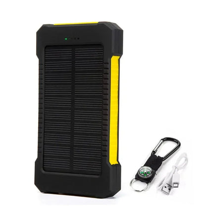 Waterproof solar power bank with 20000mAh capacity, dual USB ports, LED light, and compass for outdoor use.