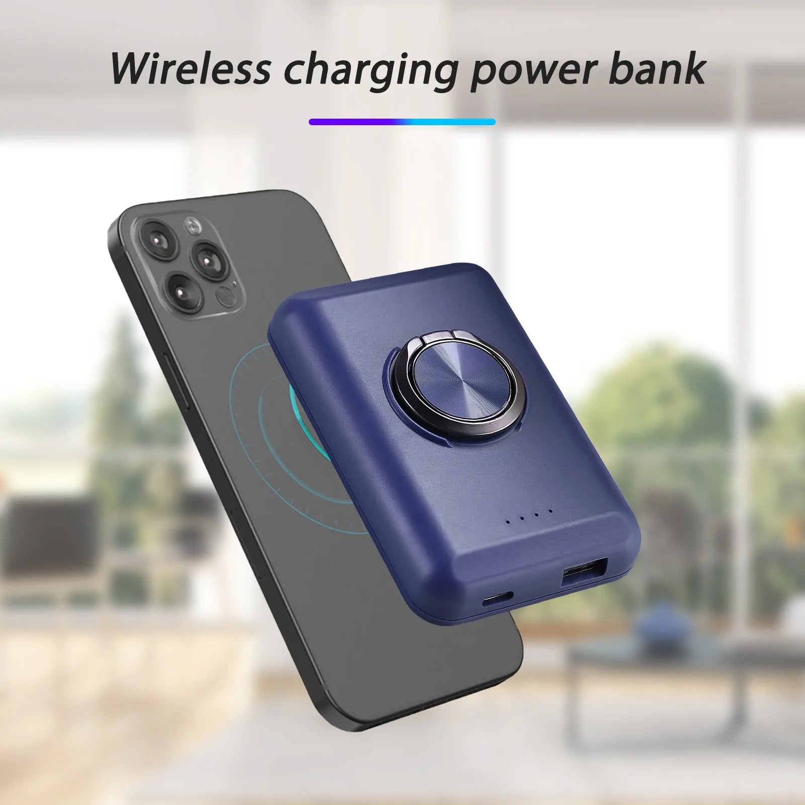 5000mAh wireless power bank by Krystina Trendify with USB-C and 360° rotatable ring holder.