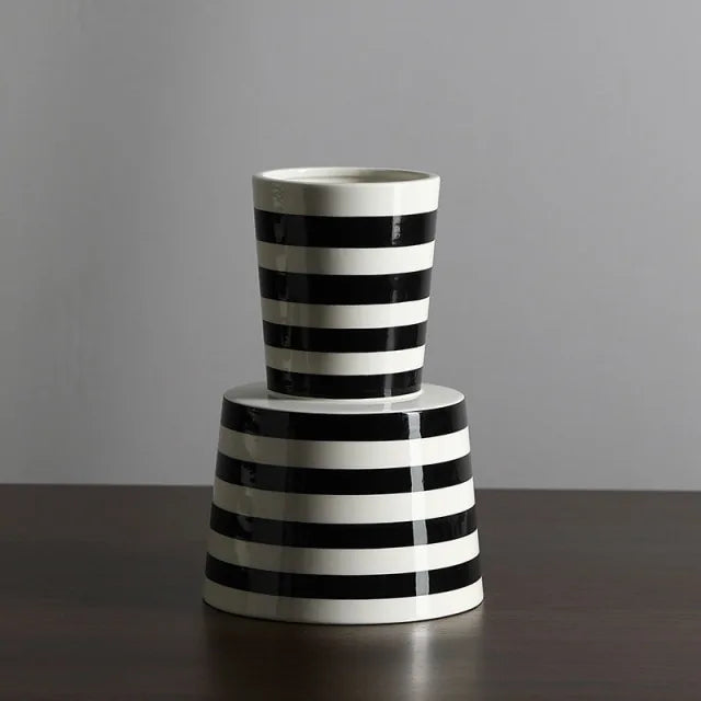 Black & white striped ceramic flower vase, blending style and functionality