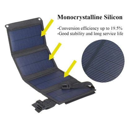 Waterproof foldable solar panel, compact and durable, ideal for charging devices during outdoor activities or emergencies.