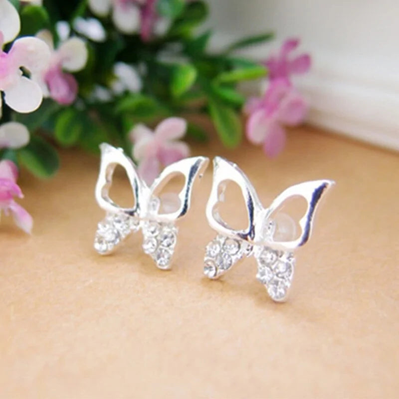 Rhinestone Butterfly Stud Earrings, crafted with shimmering rhinestones and stainless steel for a sparkling touch.