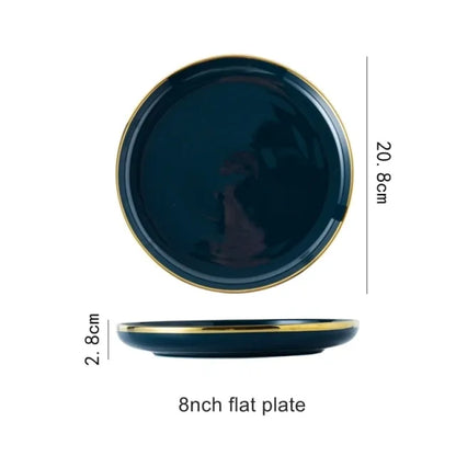 Blue porcelain dinner plates with golden rim for elegant dining