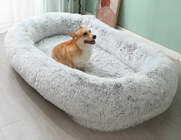 Person Dog Bed by Krystina Trendify, available in 4XL, 5XL, and 6XL sizes, made from soft PV Plush and PP Cotton for ultimate pet comfort.