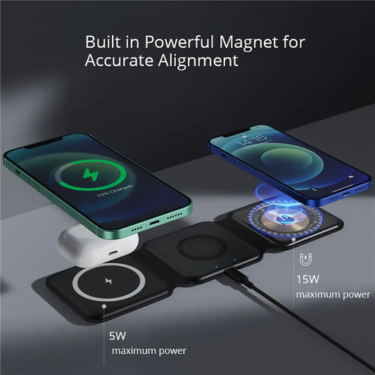 Foldable wireless charger by BONOLA for charging multiple devices efficiently.