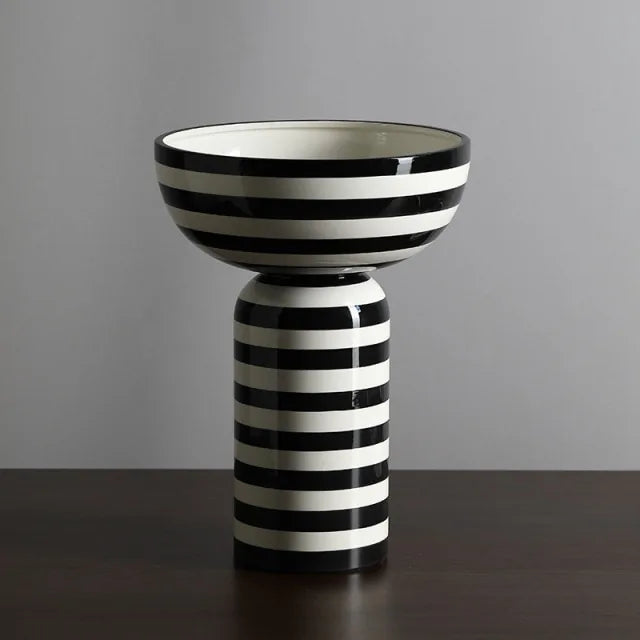 Black & white striped ceramic flower vase, blending style and functionality