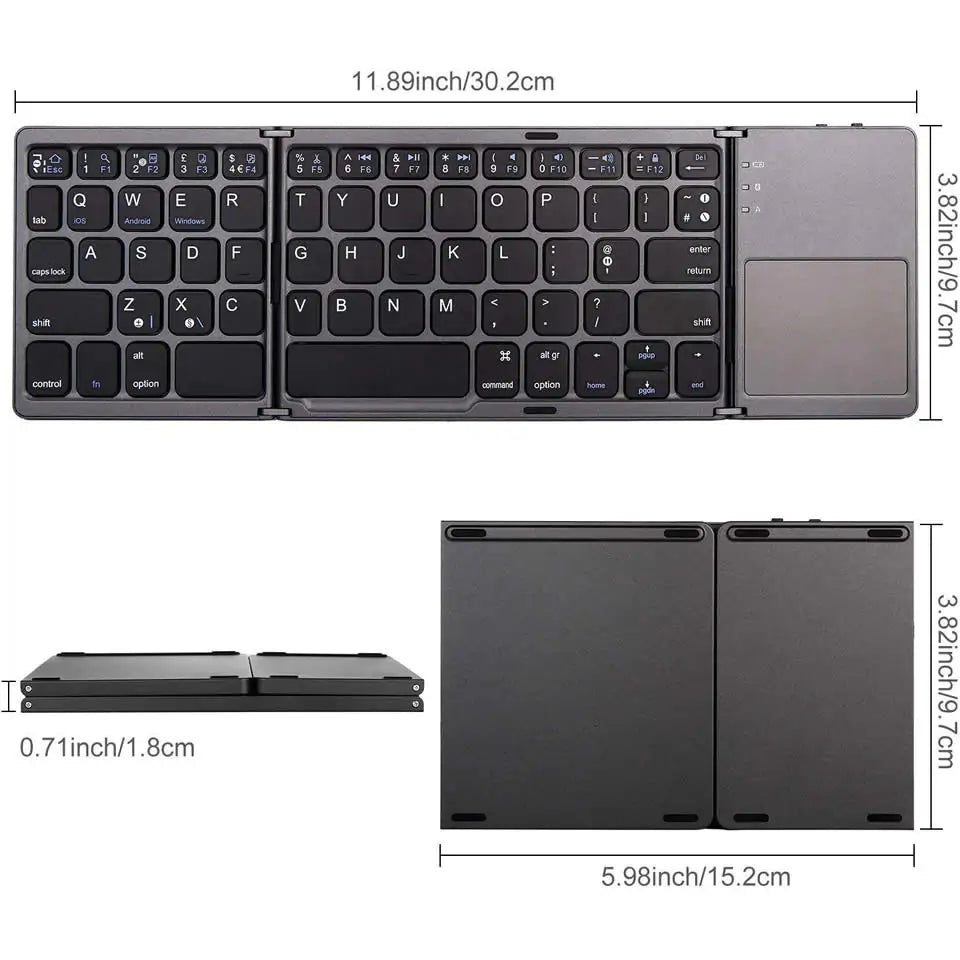 Portable Bluetooth keyboard by Krystina Trendify with touchpad, foldable design, and USB rechargeable feature.