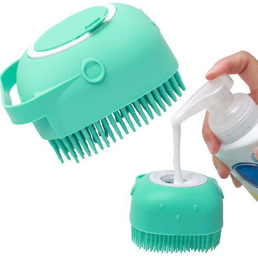 Pet shampoo brush with soft silicone bristles for cleaning, massaging, and promoting a healthy coat.