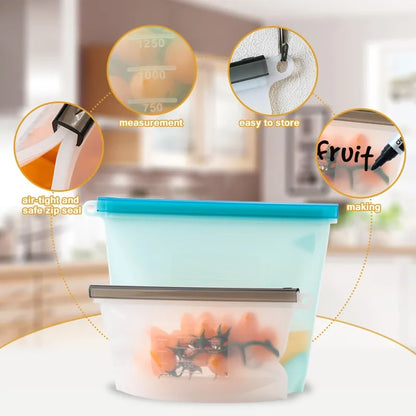 Eco-friendly, leak-proof reusable silicone food bag for kitchen storage and meal prep.