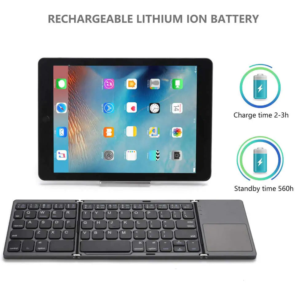 Portable Bluetooth keyboard by Krystina Trendify with touchpad, foldable design, and USB rechargeable feature.