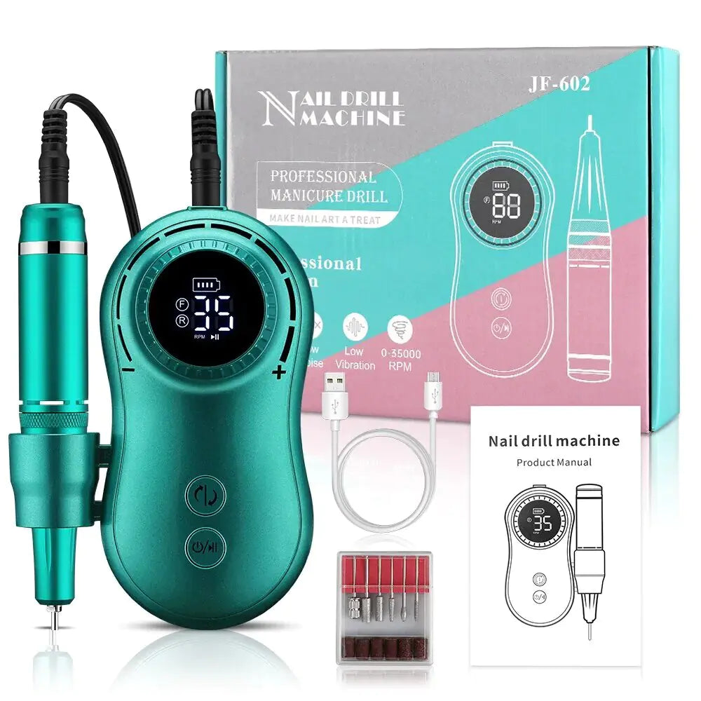 Professional nail drill by Krystina Trendify with up to 35,000 RPM, 10-hour battery, and quiet, vibration-free operation for flawless manicures.