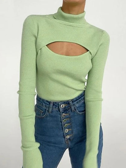 Hollowed-out turtleneck sweater by Krystina Trendify with rib-knit texture and chic cutout design.