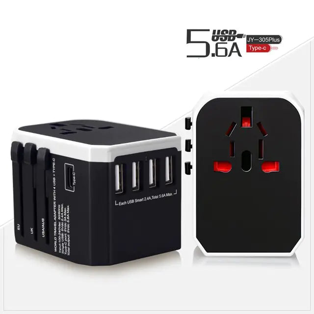 MELERY versatile travel adapter, compact and globally compatible for charging multiple devices on your travels.