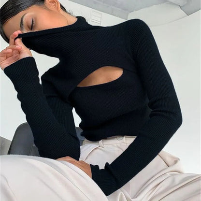 Hollowed-out turtleneck sweater by Krystina Trendify with rib-knit texture and chic cutout design.