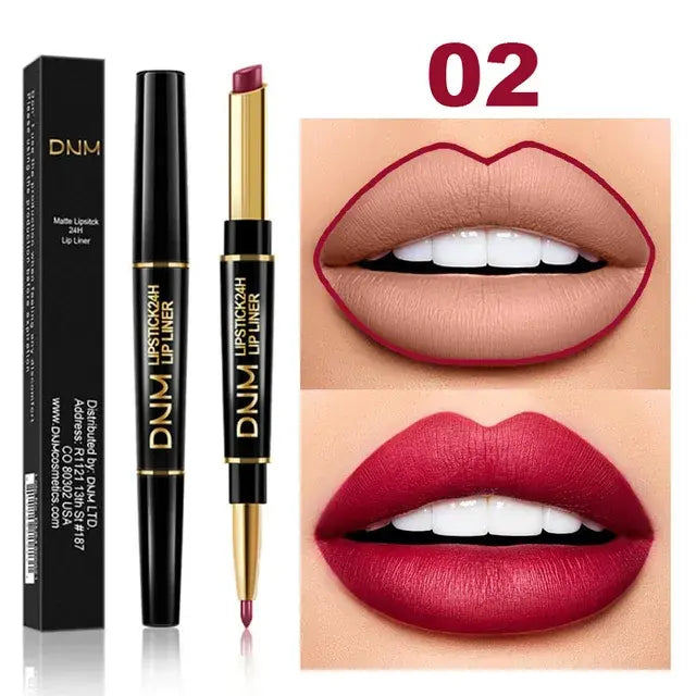 Double-Ended Matte Lipstick from DNM with waterproof, long-lasting color and lip liner for definition.
