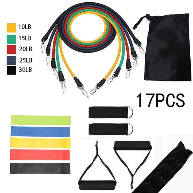 17-piece resistance bands set for full-body workouts with customizable resistance levels.