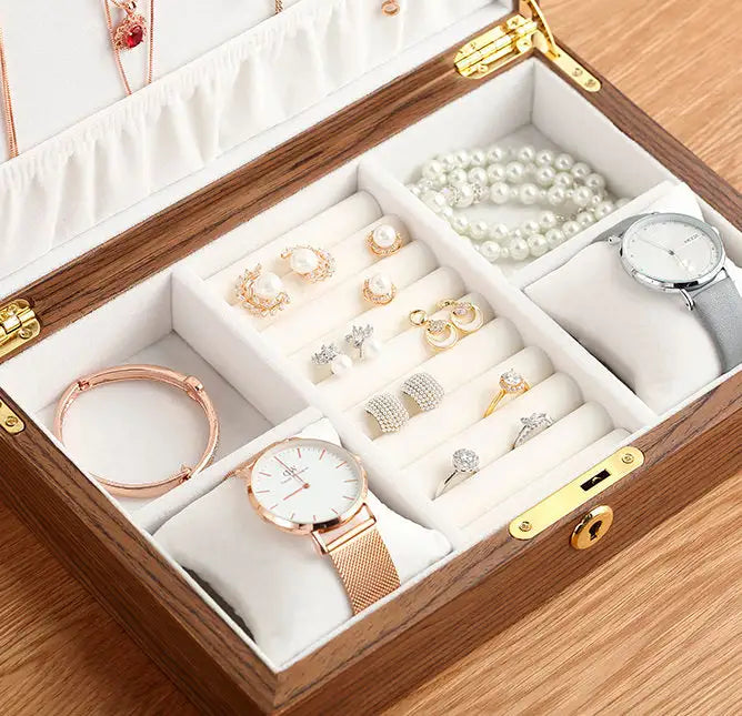 Wooden jewelry box by Krystina Trendify with multiple compartments and a sophisticated design, perfect for organizing and decorating any room.