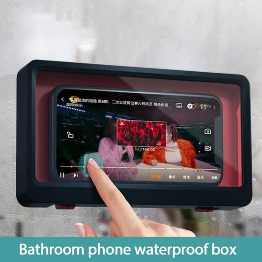 Wall mounted waterproof phone case by Krystina Trendify with anti-fog, touch screen functionality, and universal compatibility for bathrooms and kitchens.