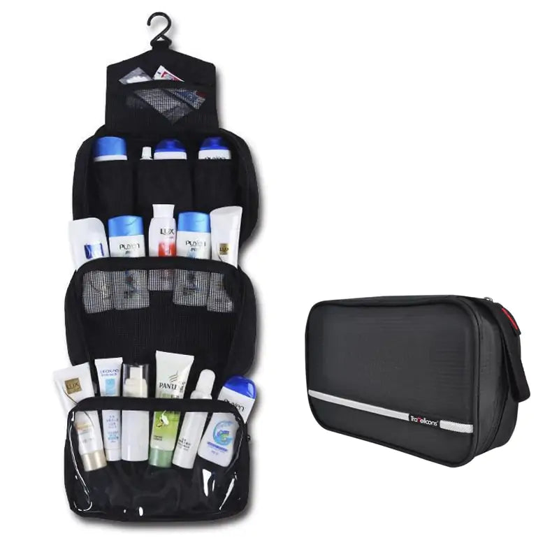 Durable hanging toiletry bag with clear compartments and sturdy hook for travel organization.