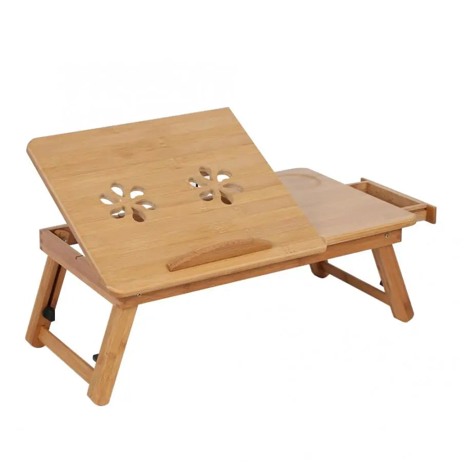 Bamboo laptop desk with adjustable, foldable design and built-in storage