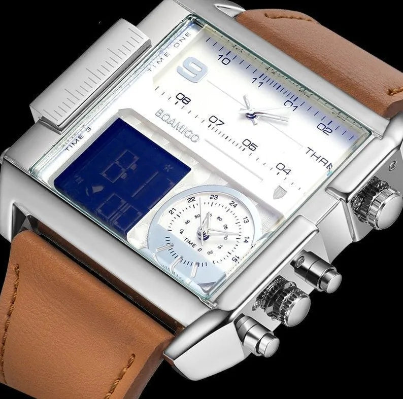 Elegant square dial wristwatch with genuine leather strap