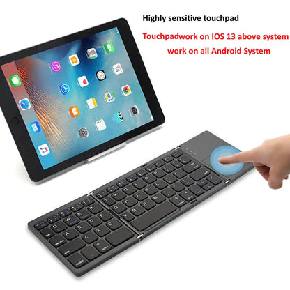 Portable Bluetooth keyboard by Krystina Trendify with touchpad, foldable design, and USB rechargeable feature.