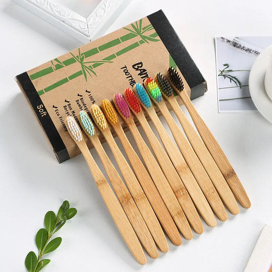 Eco-friendly bamboo toothbrushes with charcoal bristles, BPA-free, water-resistant, pack of 10.