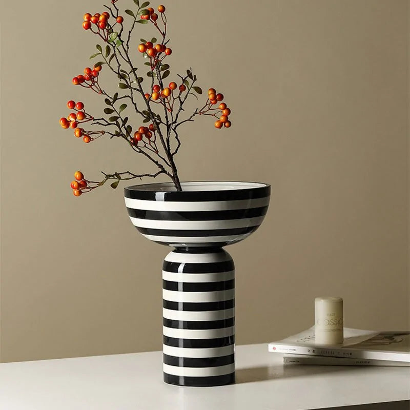 Black & white striped ceramic flower vase, blending style and functionality