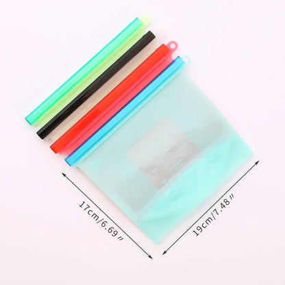 Eco-friendly, leak-proof reusable silicone food bag for kitchen storage and meal prep.