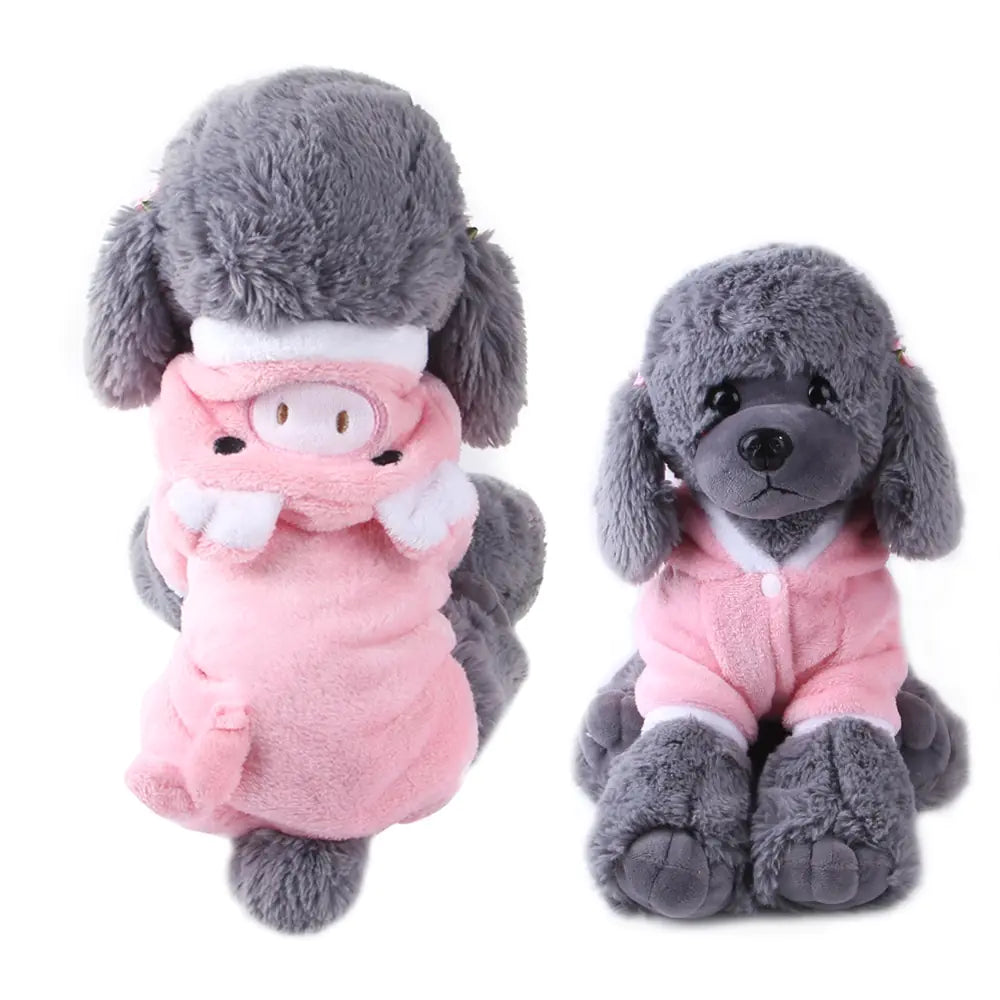 Soft fleece dog jumpsuit, warm pet onesie for winter, cozy full-body dog outfit.