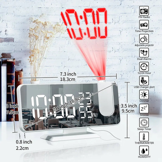 Projection alarm clock with sleek design, adjustable projection, dual alarms, and temperature display for easy waking.