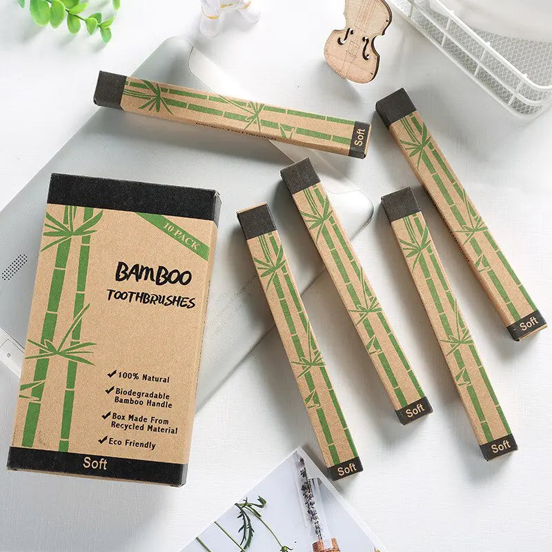 Eco-friendly bamboo toothbrushes with charcoal bristles, BPA-free, water-resistant, pack of 10.