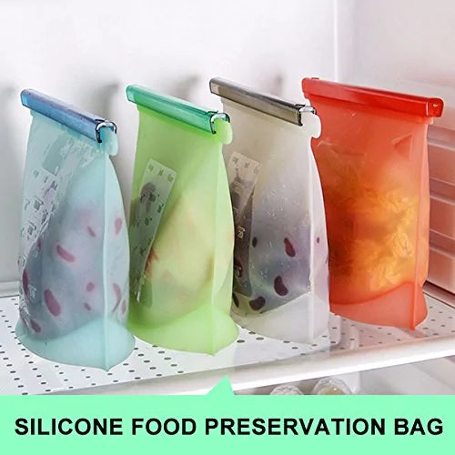 Eco-friendly, leak-proof reusable silicone food bag for kitchen storage and meal prep.