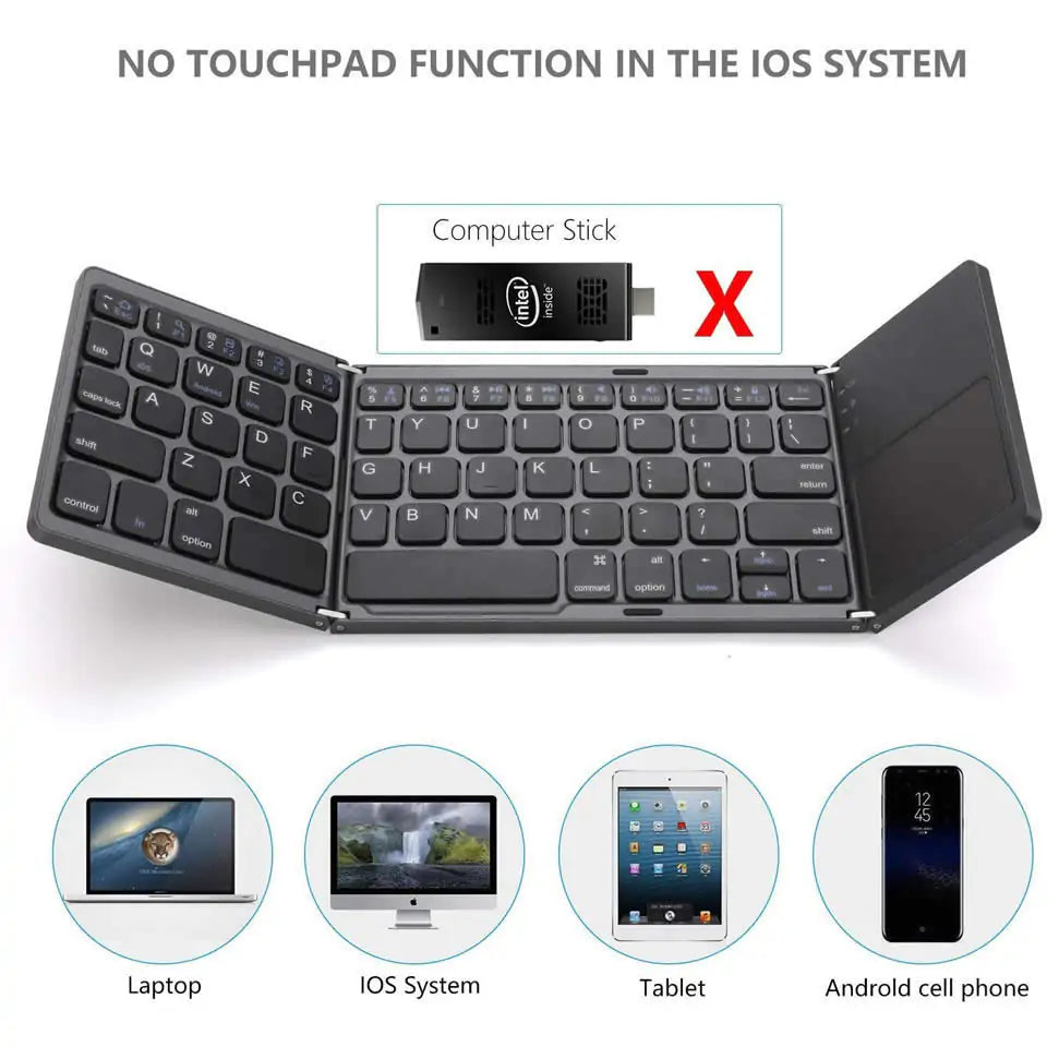 Portable Bluetooth keyboard by Krystina Trendify with touchpad, foldable design, and USB rechargeable feature.