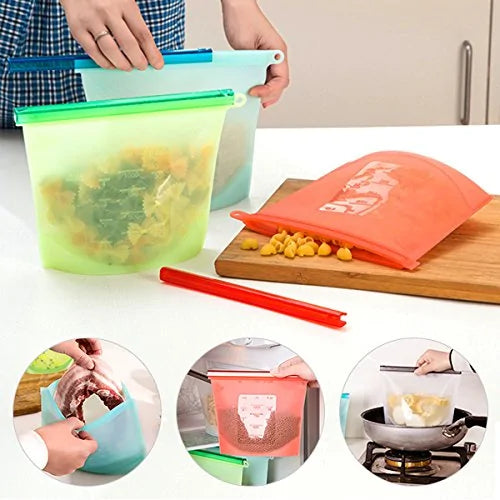 Eco-friendly, leak-proof reusable silicone food bag for kitchen storage and meal prep.