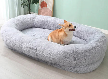 Person Dog Bed by Krystina Trendify, available in 4XL, 5XL, and 6XL sizes, made from soft PV Plush and PP Cotton for ultimate pet comfort.