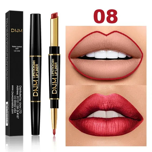 Double-Ended Matte Lipstick from DNM with waterproof, long-lasting color and lip liner for definition.
