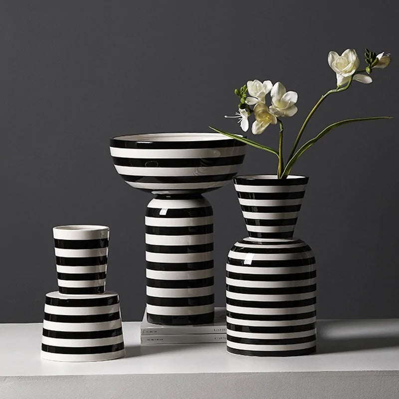 Black & white striped ceramic flower vase, blending style and functionality