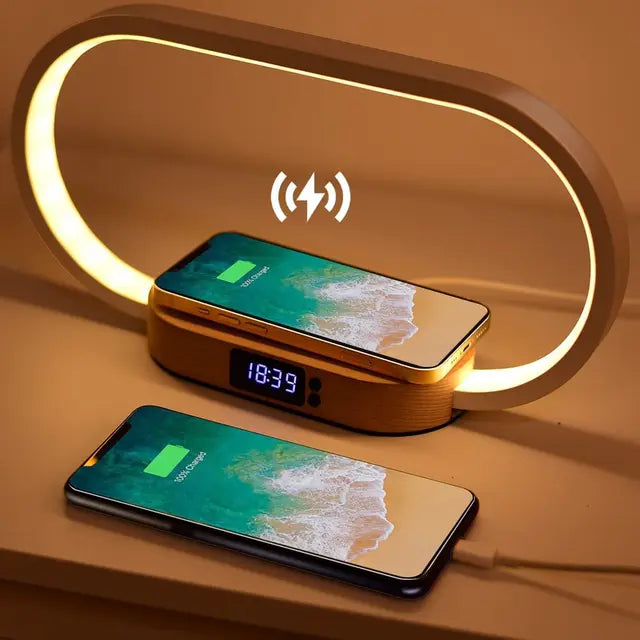 Sleek wooden bedside lamp with stepless dimming, wireless charging, and built-in clock by Krystina Trendify for modern bedroom decor.