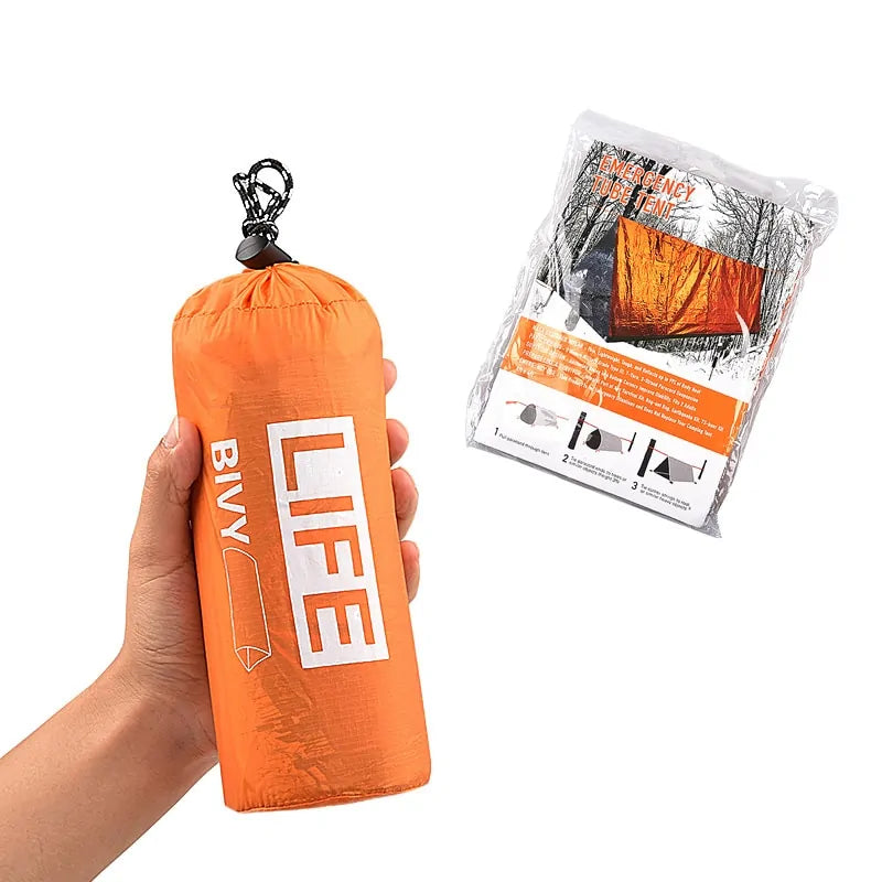 Lightweight Survival Tube Emergency Tent with built-in whistle for outdoor protection