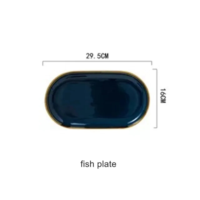 Blue porcelain dinner plates with golden rim for elegant dining