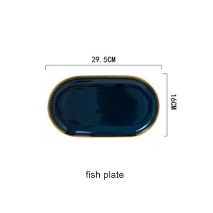 Blue porcelain dinner plates with golden rim for elegant dining