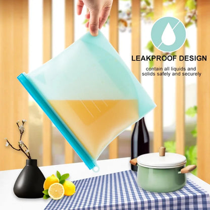 Eco-friendly, leak-proof reusable silicone food bag for kitchen storage and meal prep.