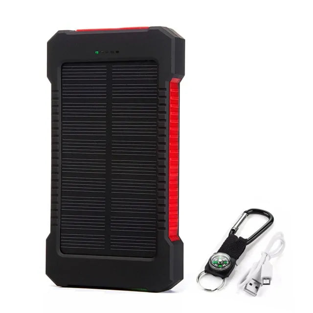 Waterproof solar power bank with 20000mAh capacity, dual USB ports, LED light, and compass for outdoor use.