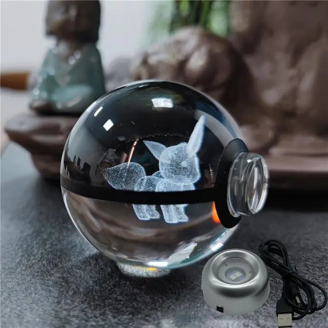 3D laser engraved crystal ball featuring Pokémon characters in stunning detail