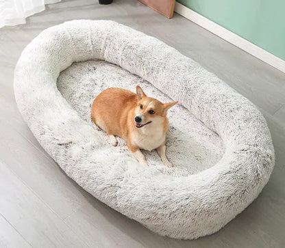 Person Dog Bed by Krystina Trendify, available in 4XL, 5XL, and 6XL sizes, made from soft PV Plush and PP Cotton for ultimate pet comfort.