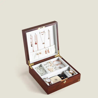 Wooden jewelry box by Krystina Trendify with multiple compartments and a sophisticated design, perfect for organizing and decorating any room.