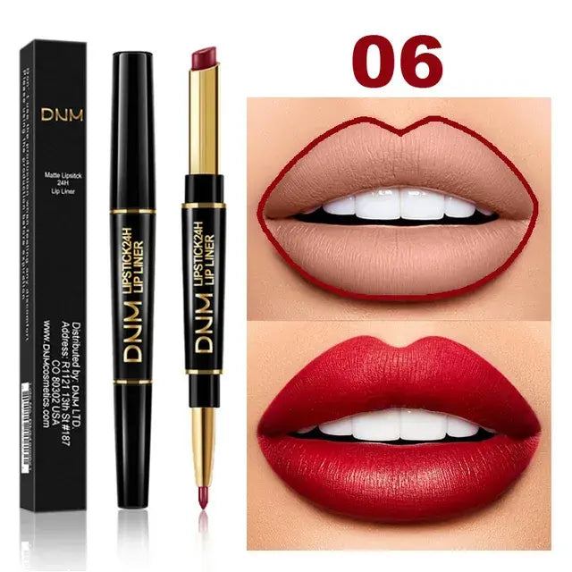 Double-Ended Matte Lipstick from DNM with waterproof, long-lasting color and lip liner for definition.
