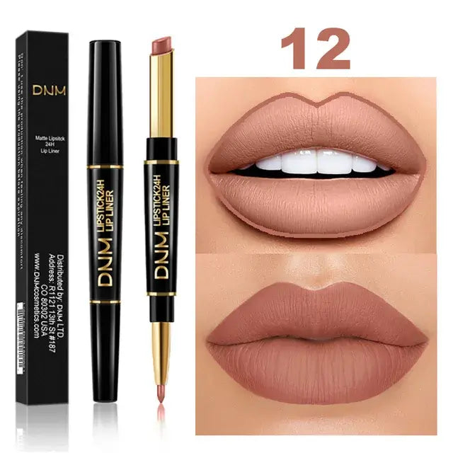 Double-Ended Matte Lipstick from DNM with waterproof, long-lasting color and lip liner for definition.
