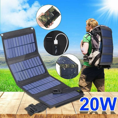 Waterproof foldable solar panel, compact and durable, ideal for charging devices during outdoor activities or emergencies.