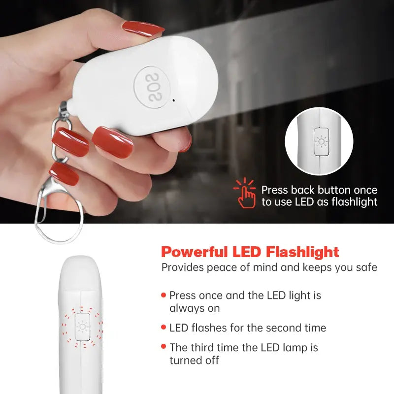 Compact SOS alarm with loud sound and bright LED light by Krystina Trendify